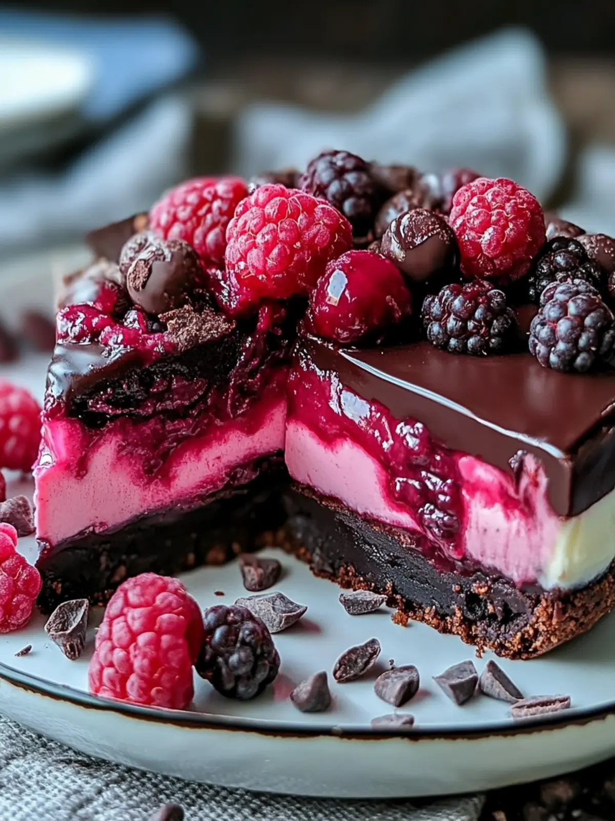 Genießen Sie dekadenten dunklen Schokoladen-Himbeer-Käsekuchen einfach 4 Genießen Sie dekadenten dunklen Schokoladen-Himbeer-Käsekuchen