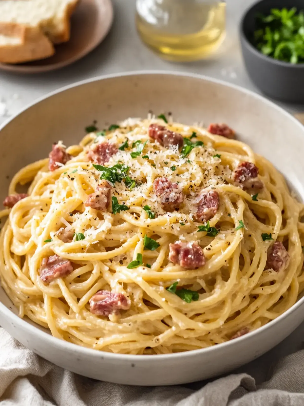 Cremige Spaghetti Carbonara mit Sahne für ein schnelles Dinner 5 Spaghetti Carbonara mit Sahne