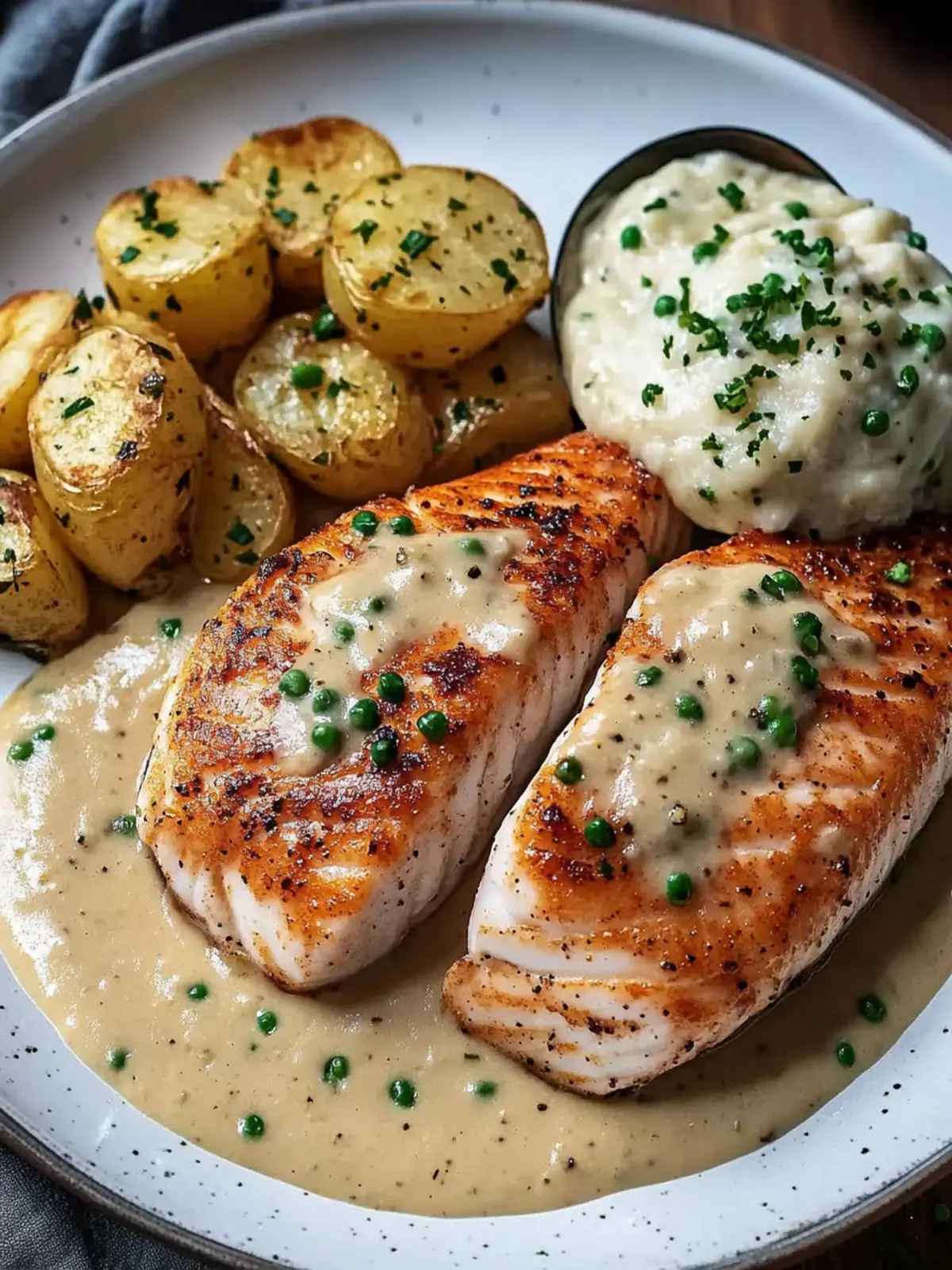 Cajun-Garnelen und Lachs mit cremiger Knoblauch-Sauce genießen 4 Cajun-Garnelen und Lachs mit Knoblauch-Sahnesauce, pürierten Kartoffeln und grünen Bohnen