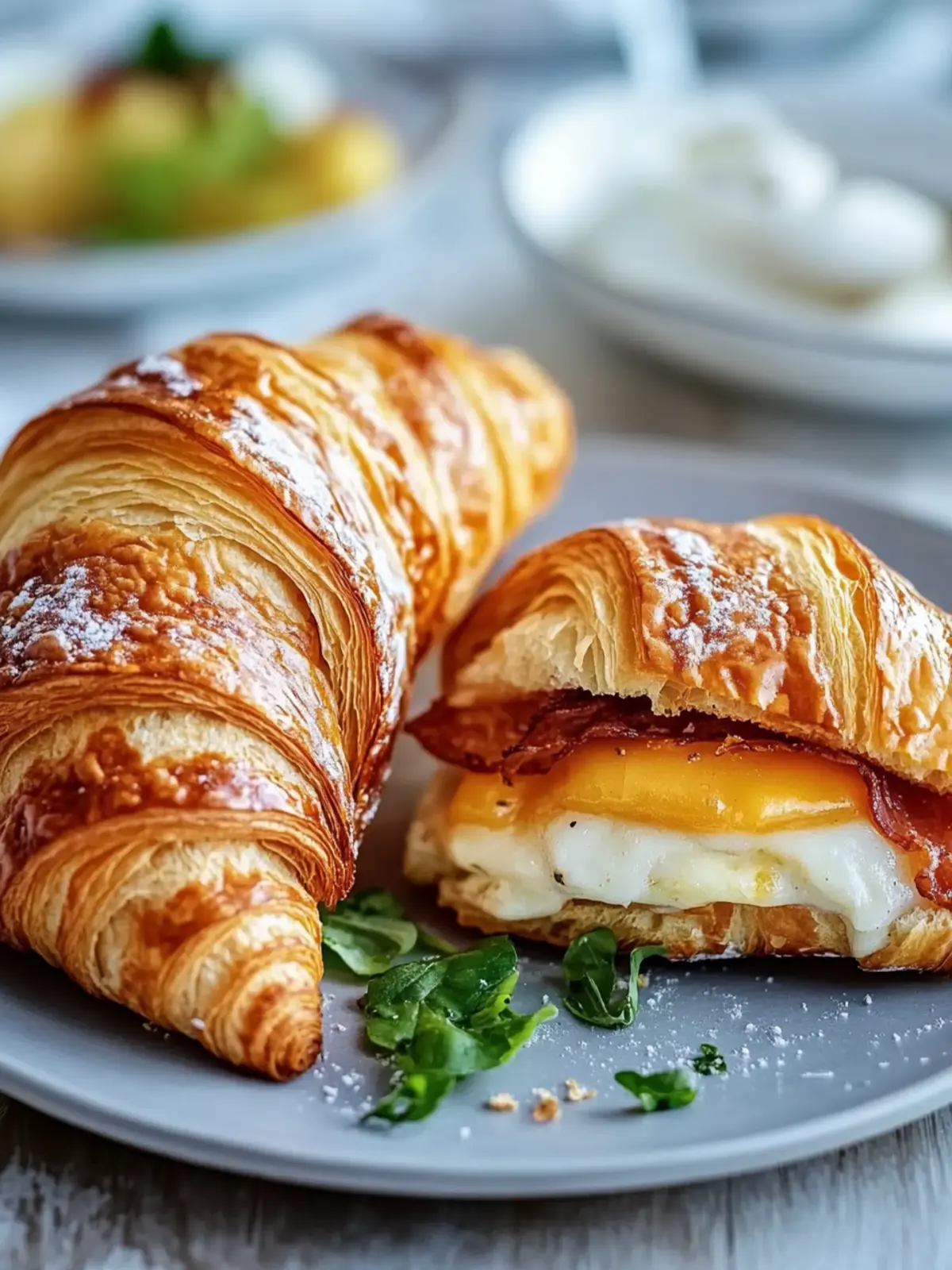 Croissant Frühstücks-Sandwiches: Flaky Genuss für den Morgen 2 Croissant Frühstücks-Sandwiches: Goldene, Saftige Freude Erwartet