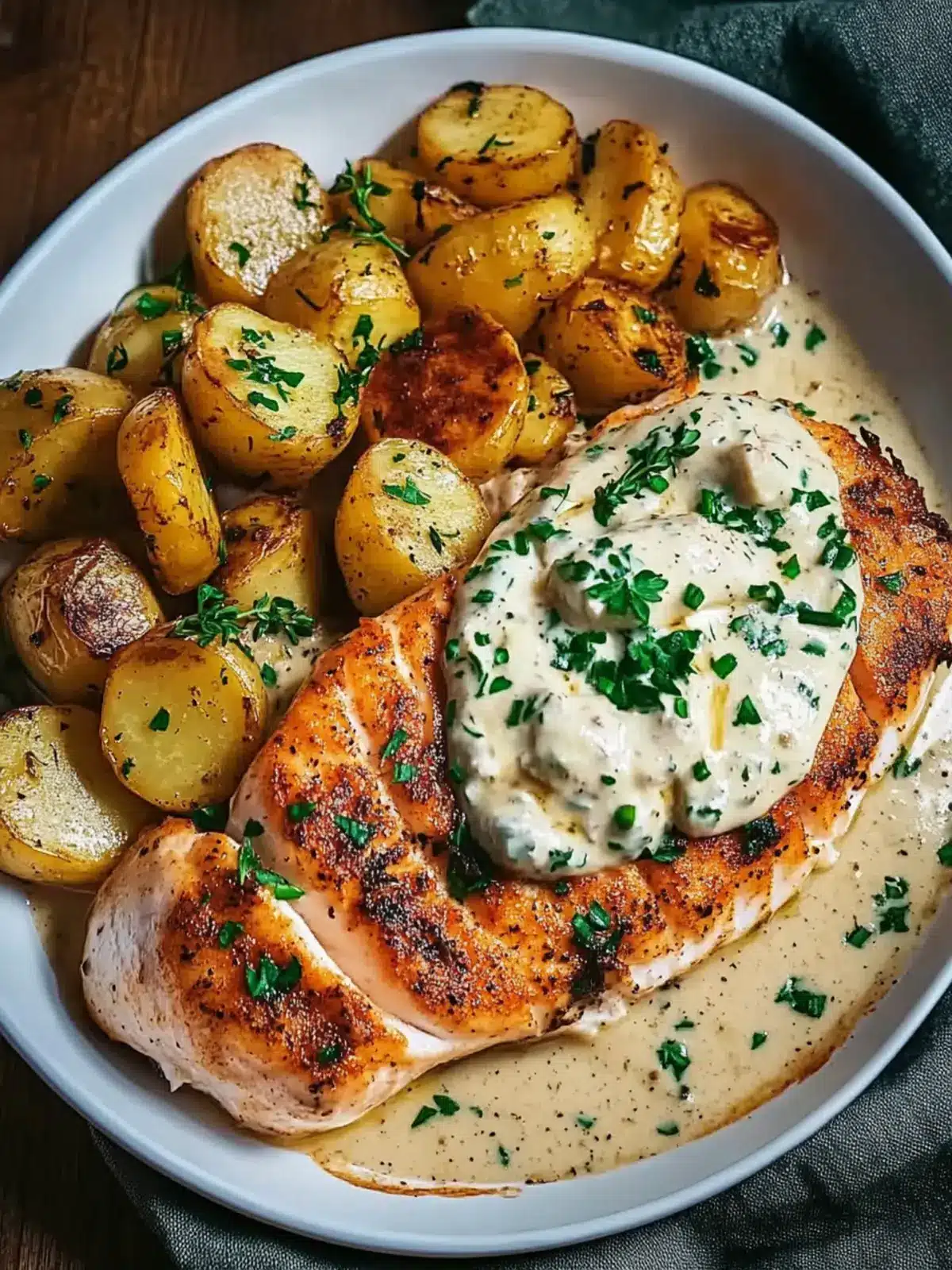 Cajun-Garnelen und Lachs mit Knoblauch-Sahnesauce, pürierten Kartoffeln und grünen Bohnen