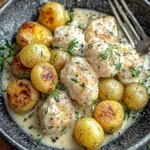 Cremige Knoblauchhähnchen mit gerösteten Babykartoffeln für Genuss 6 Cremige Knoblauchhähnchen mit gerösteten Babykartoffeln