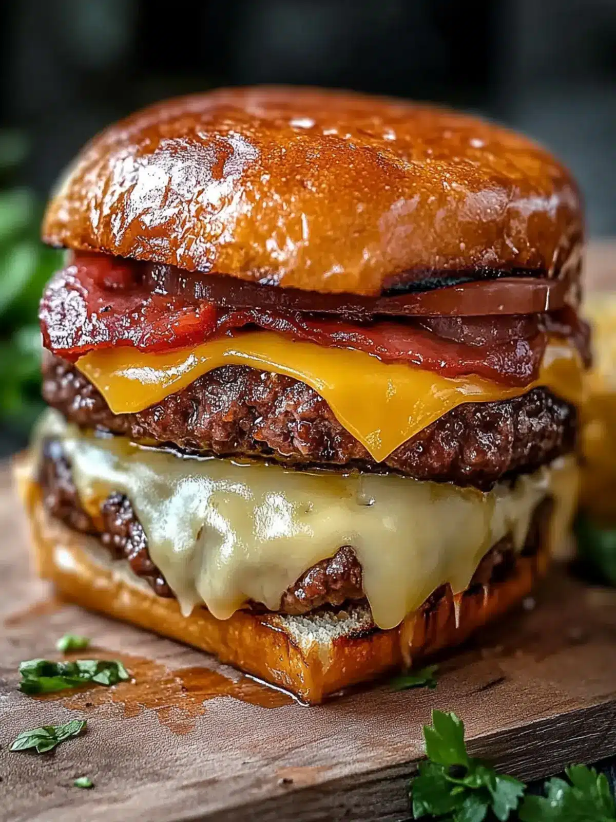 Geräucherter Rinderbacon Triple-Käse Burger Gefüllter Hackbraten Genuss 5 Geräucherter Rinderbacon Triple-Käse Burger Gefüllter Hackbraten Magie