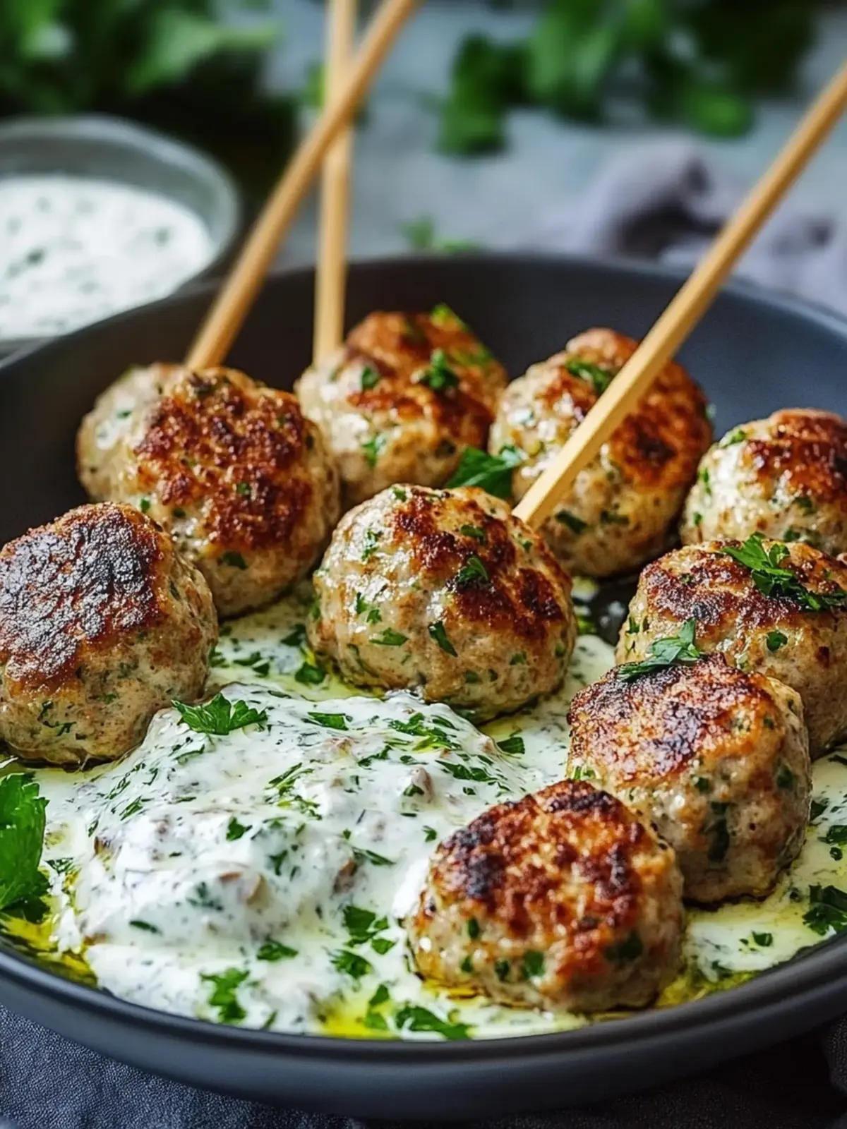 Saftige Hähnchen-Kofta mit cremiger Knoblauch-Joghurt-Sauce 3 Hähnchen-Kofta Knoblauch-Joghurt-Sauce