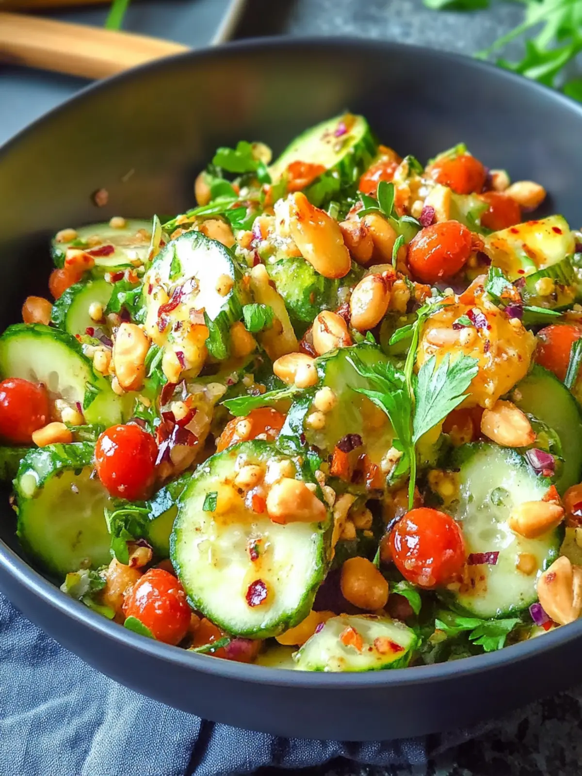 Köstlicher glutenfreier würziger Erdnuss-Gurken-Salat schnell zubereitet 2 Glutenfreier würziger Erdnuss-Gurken-Salat