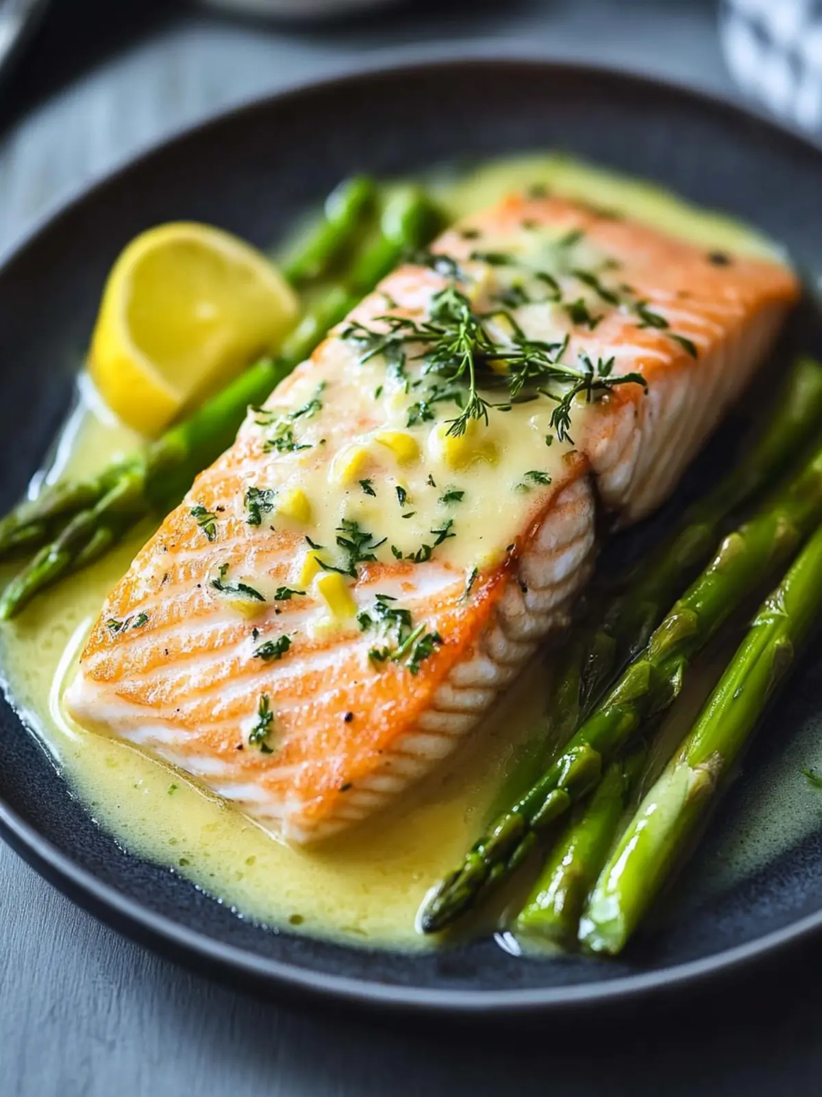 Gebratener Lachs mit Spargel: Blitzschnell in schmackhafter Buttersauce 2 Gebratener Lachs mit Spargel, Zitrone, Knoblauch und Buttersauce