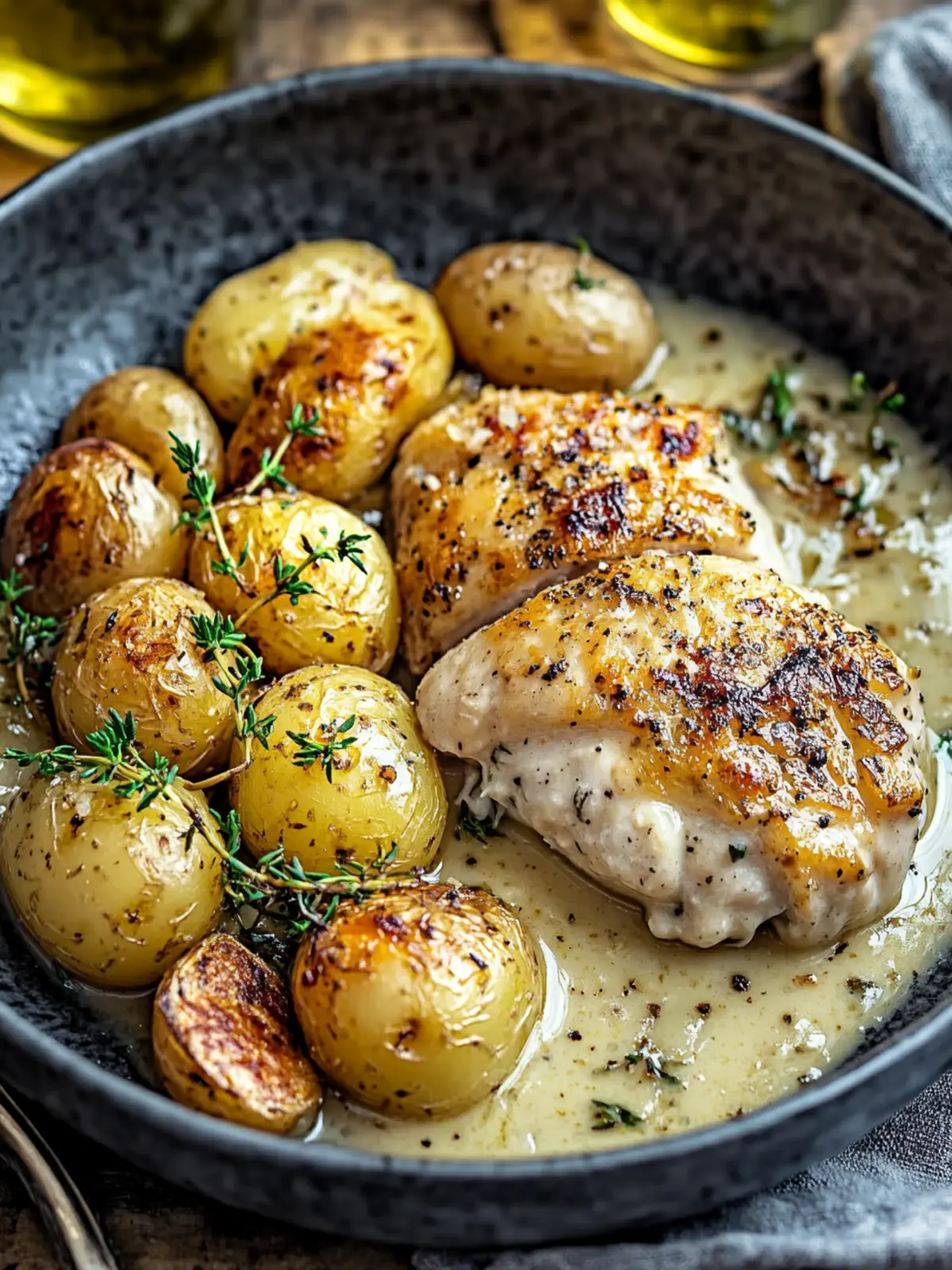 Cremige Knoblauchhähnchen mit gerösteten Babykartoffeln für Genuss 3 Cremige Knoblauchhähnchen mit gerösteten Babykartoffeln