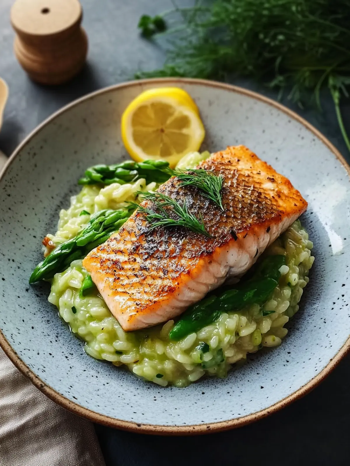In der Pfanne gebratener Lachsfilet auf grünem Spargelrisotto – Frischer Frühlingsgenuss 3 In der Pfanne gebratener Lachsfilet auf grünem Spargelrisotto