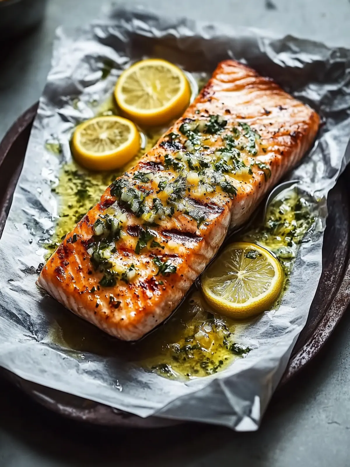 Einfache gegrillte Lachsfilets in Folie mit Zitronen-Knoblauch-Kräuterbutter, perfekt für stressfreie Abende 3 Einfache gegrillte Lachsfilets in Folie mit Zitronen-Knoblauch-Kräuterbutter Genuss