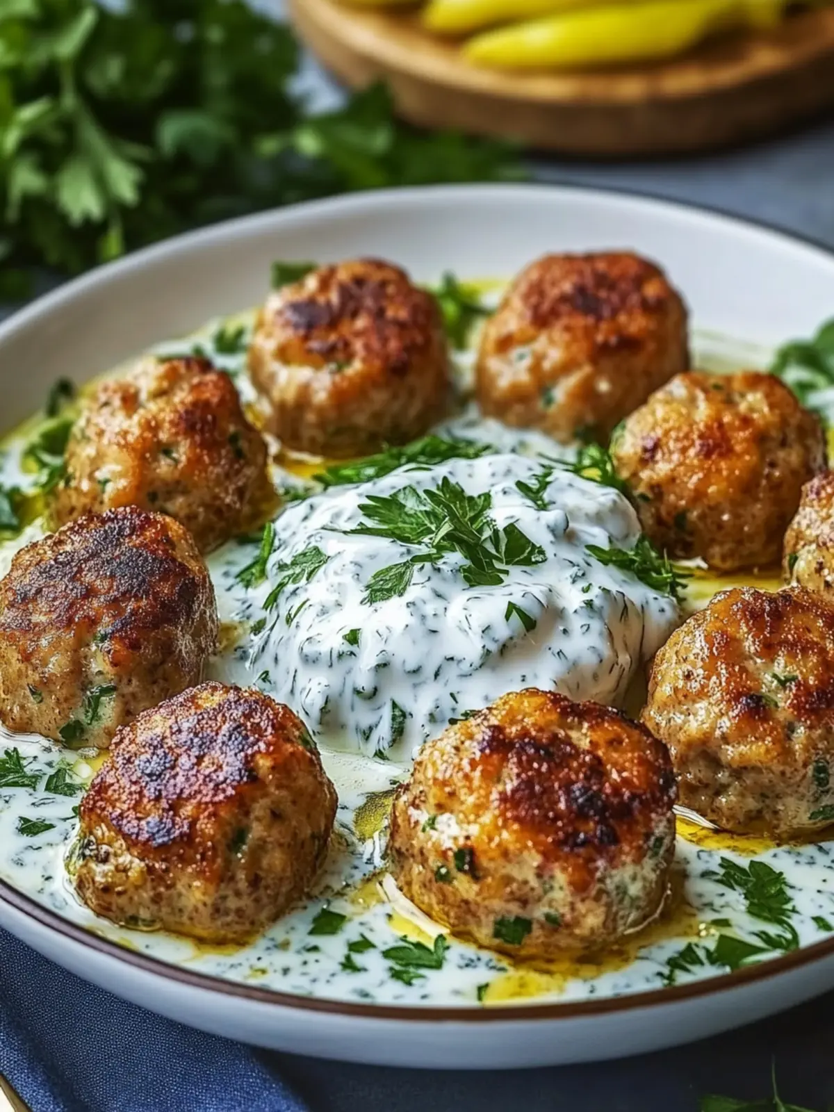 Saftige Hähnchen-Kofta mit cremiger Knoblauch-Joghurt-Sauce 2 Hähnchen-Kofta Knoblauch-Joghurt-Sauce