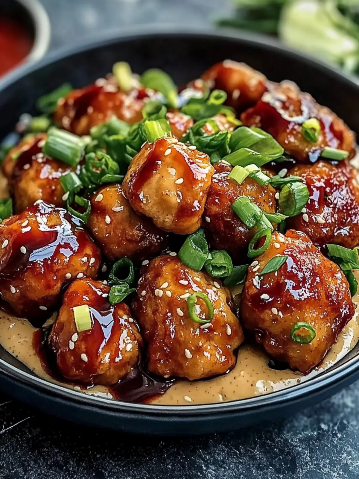 Klebrige Hoisin-Fleischbällchen mit Frühlingszwiebel-Sauce genießen 3 Klebrige Hoisin-Fleischbällchen mit Frühlingszwiebel-Sauce