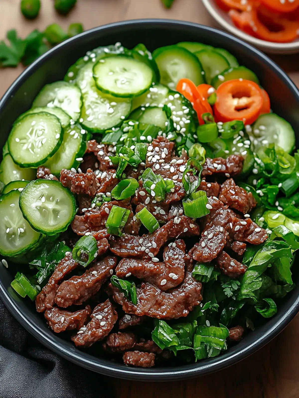 Unwiderstehlicher scharfer Keto Koreanischer Rinderhackfleisch- und Gurkensalat