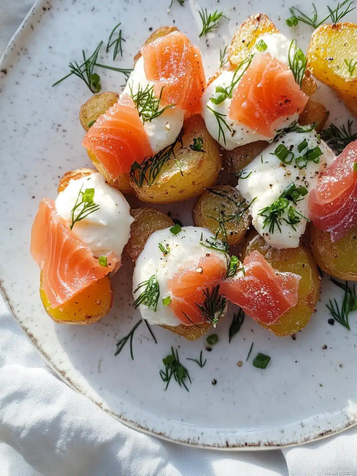 Zerdrückte Kartoffeln mit Crème Fraîche und geräuchertem Lachs: Ein Genuss! 4 Zerdrückte Kartoffeln mit Crème Fraîche und geräuchertem Lachs