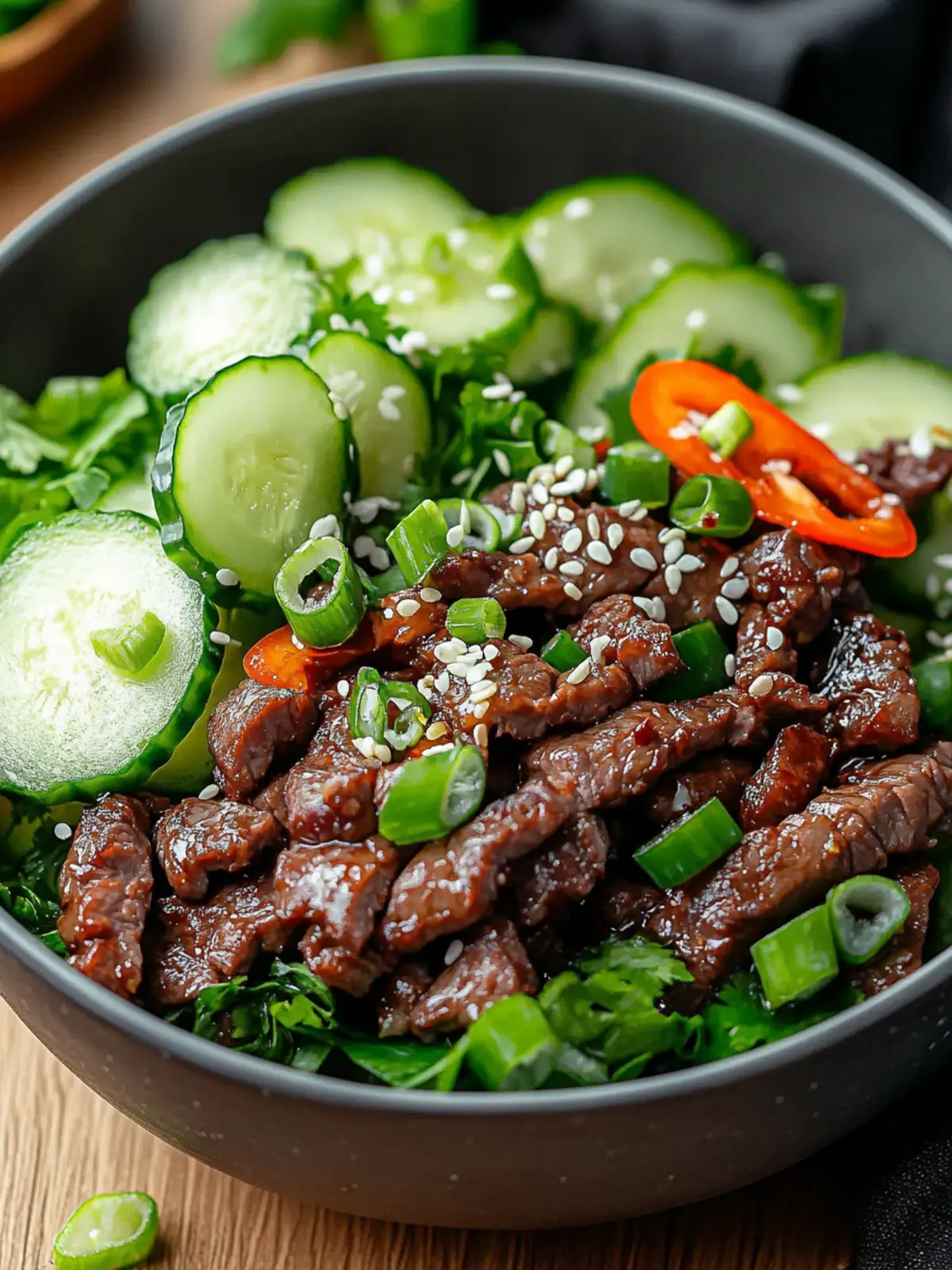 Unwiderstehlicher scharfer Keto Koreanischer Rinderhackfleisch-Gurkensalat 3 Unwiderstehlicher scharfer Keto Koreanischer Rinderhackfleisch- und Gurkensalat