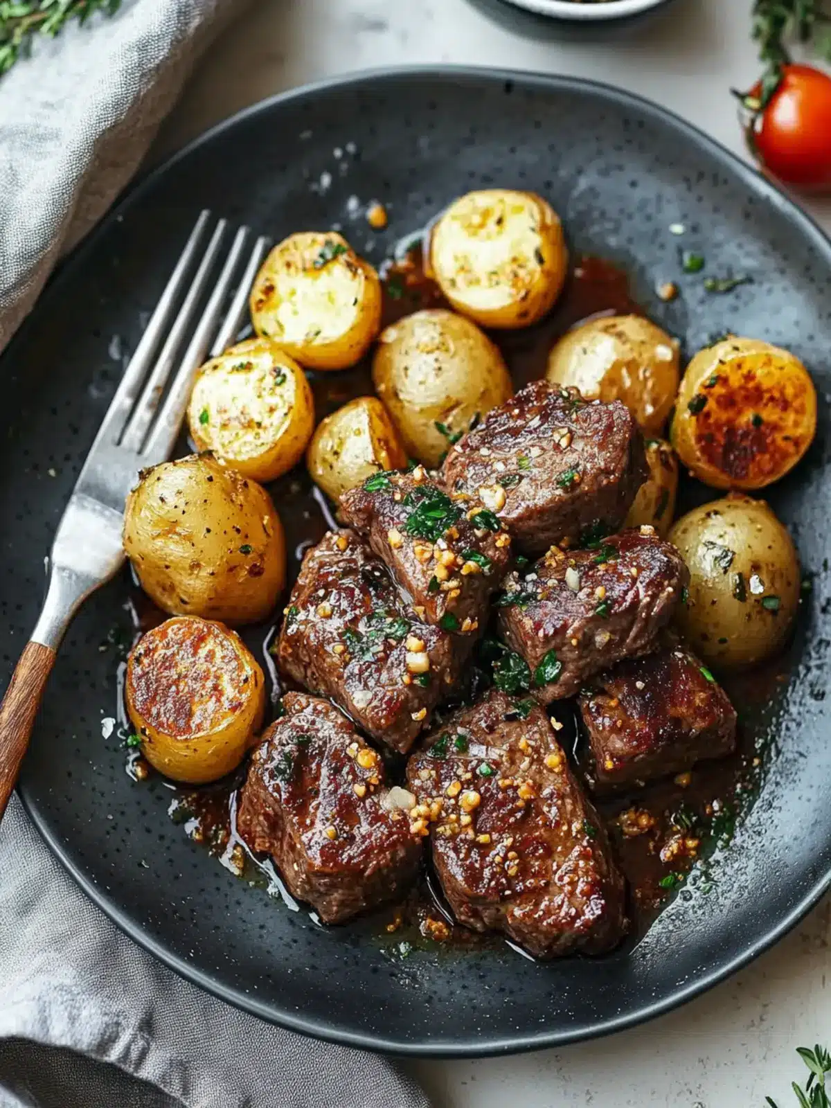 Knoblauch Steak Bissen und Kartoffeln Rezept