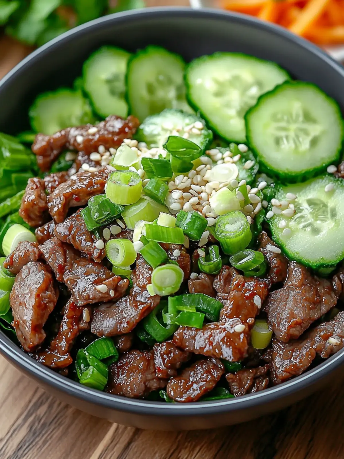 Unwiderstehlicher scharfer Keto Koreanischer Rinderhackfleisch-Gurkensalat 2 Unwiderstehlicher scharfer Keto Koreanischer Rinderhackfleisch- und Gurkensalat