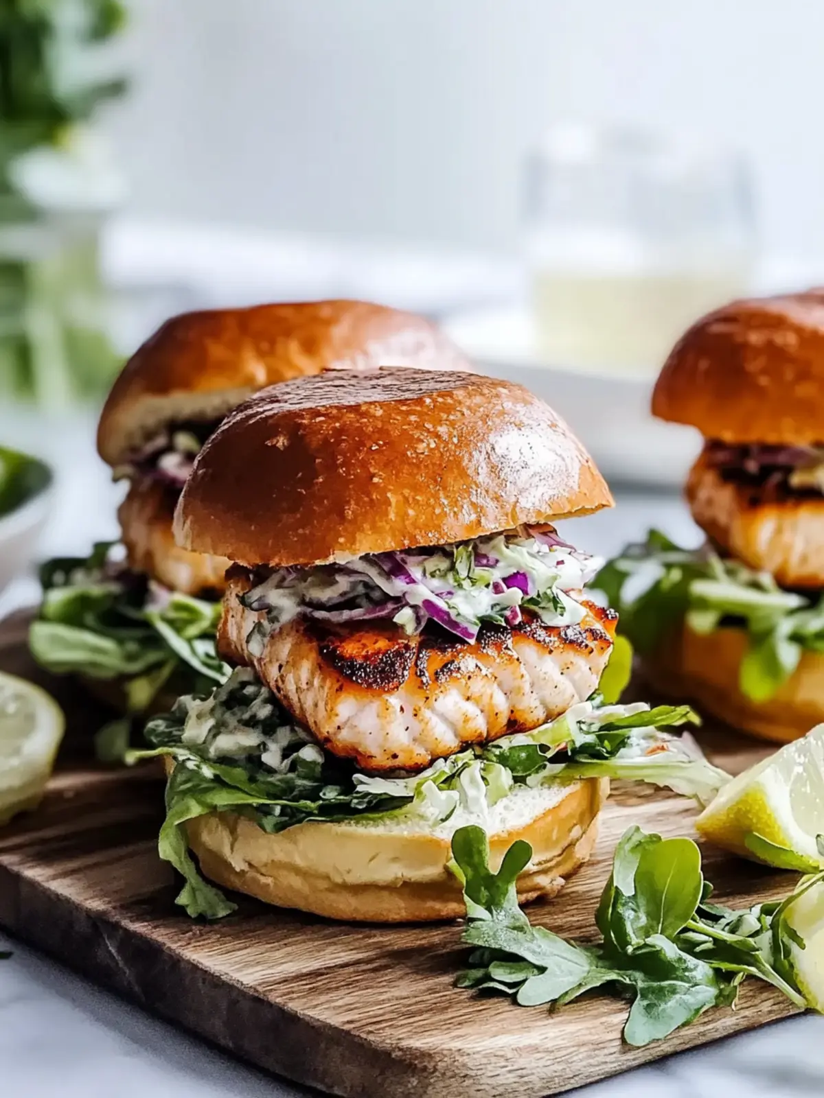 Knusprige Lachs-Slider mit Zitronen-Rucola-Slaw für Genussmomente 2 Knusprige Lachs-Slider mit Zitronen-Rucola-Slaw
