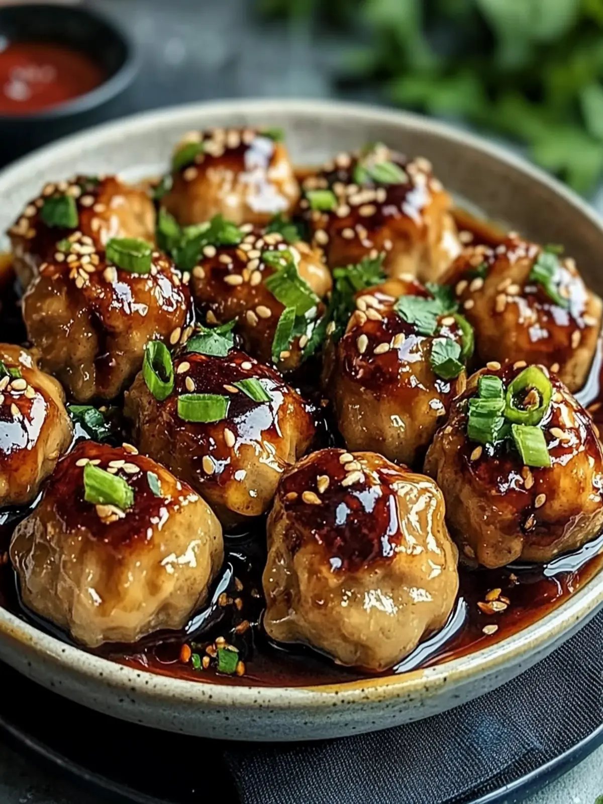 Klebrige Hoisin-Fleischbällchen mit Frühlingszwiebel-Sauce