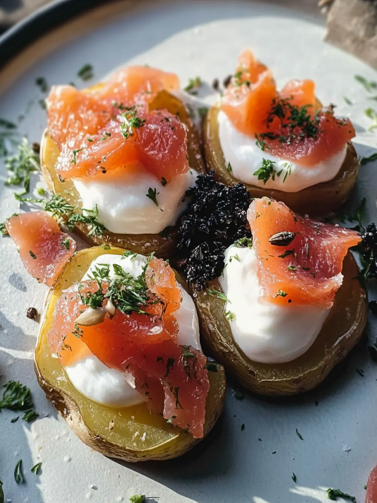 Zerdrückte Kartoffeln mit Crème Fraîche und geräuchertem Lachs: Ein Genuss! 2 Zerdrückte Kartoffeln mit Crème Fraîche und geräuchertem Lachs