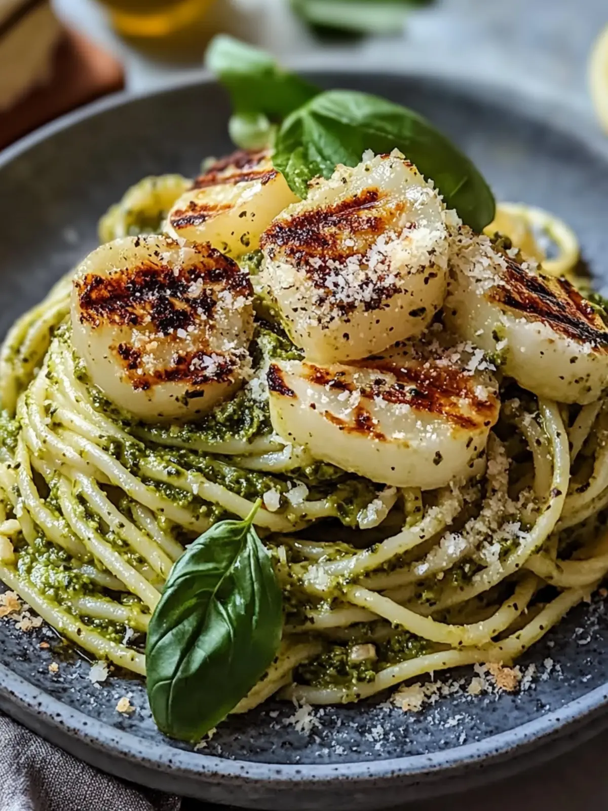 Pesto-Nudeln und gegrillte Garnelen