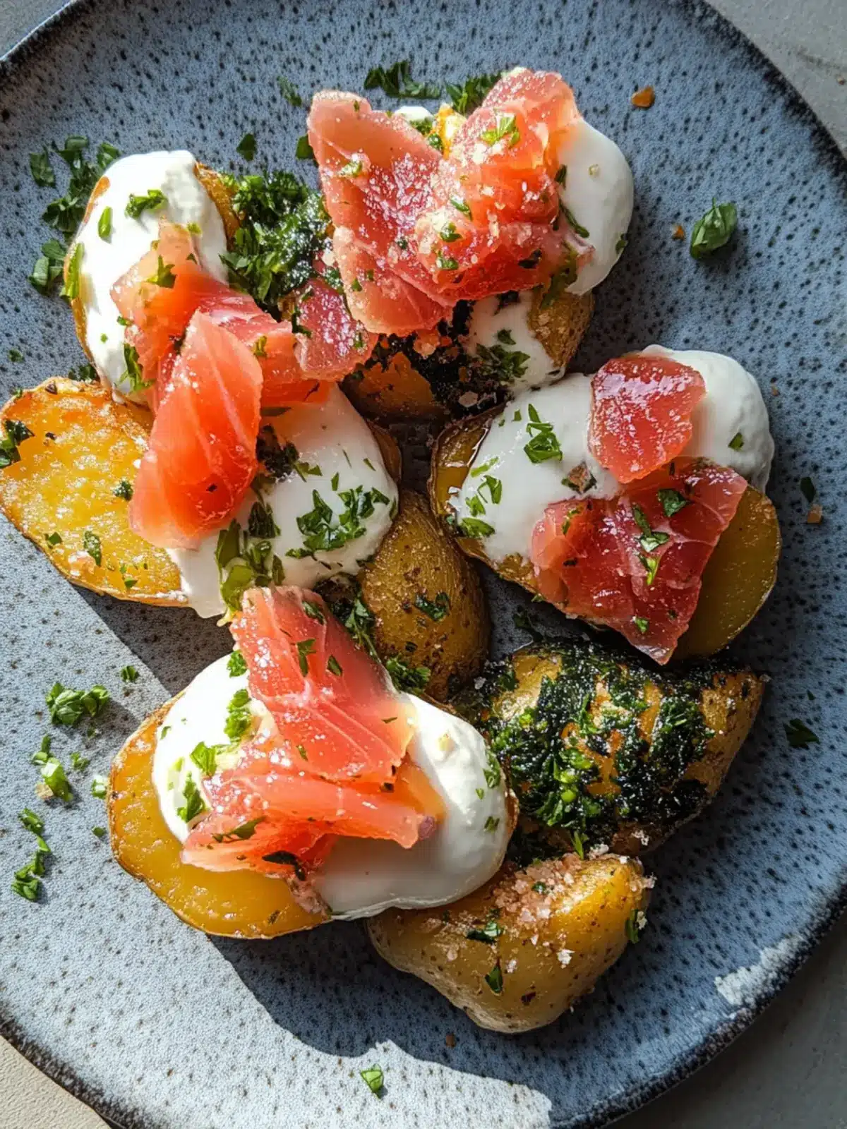 Zerdrückte Kartoffeln mit Crème Fraîche und geräuchertem Lachs