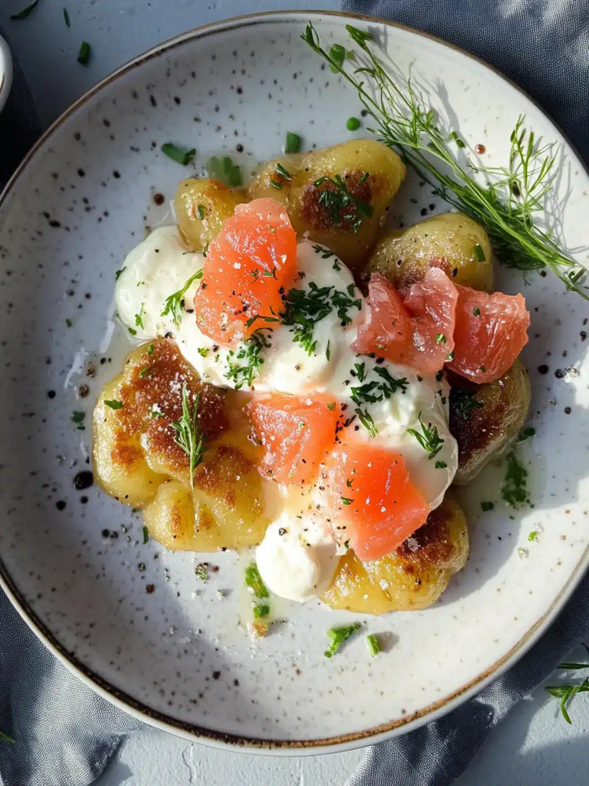 Zerdrückte Kartoffeln mit Crème Fraîche und geräuchertem Lachs: Ein Genuss! 3 Zerdrückte Kartoffeln mit Crème Fraîche und geräuchertem Lachs