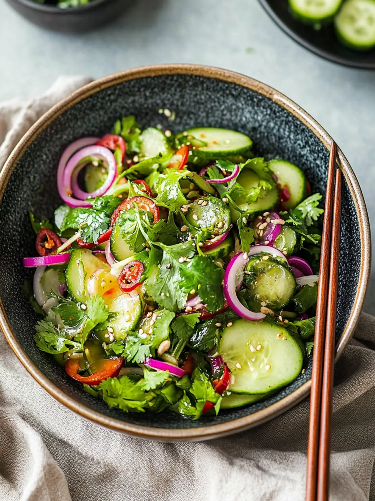 Erfrischender asiatischer Gurkensalat mit eingelegten Zwiebeln 4 Asiatischer Gurkensalat