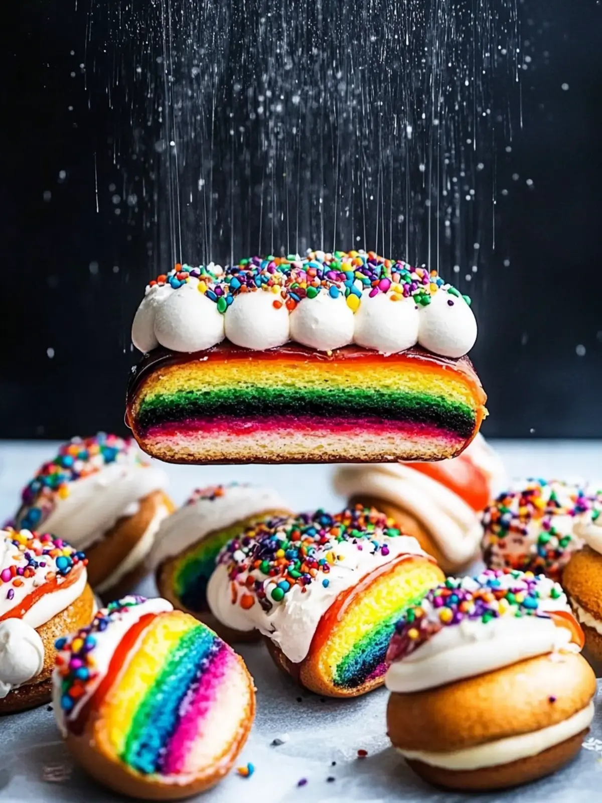 Schwarz-weiß Makronen mit Regenbogen-Drizzle für Feierstimmung 4 Schwarz-weiß Makronen mit Regenbogen-Drizzle