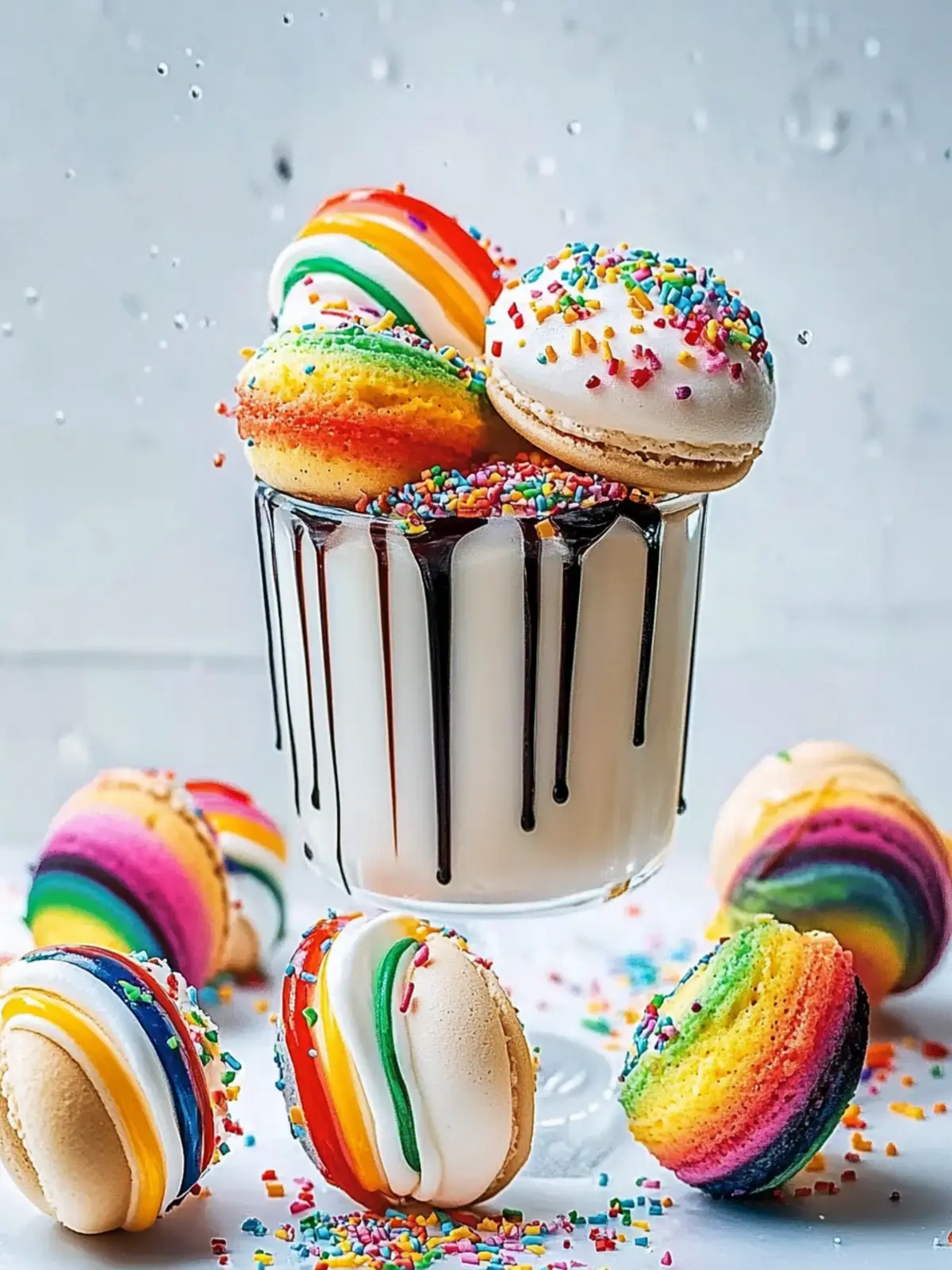 Schwarz-weiß Makronen mit Regenbogen-Drizzle für Feierstimmung 2 Schwarz-weiß Makronen mit Regenbogen-Drizzle