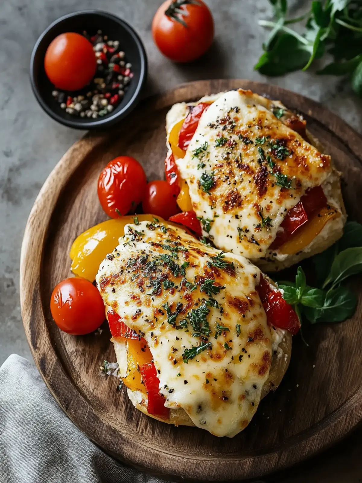 Käseüberbackenes Hühnchenbrust und Paprika