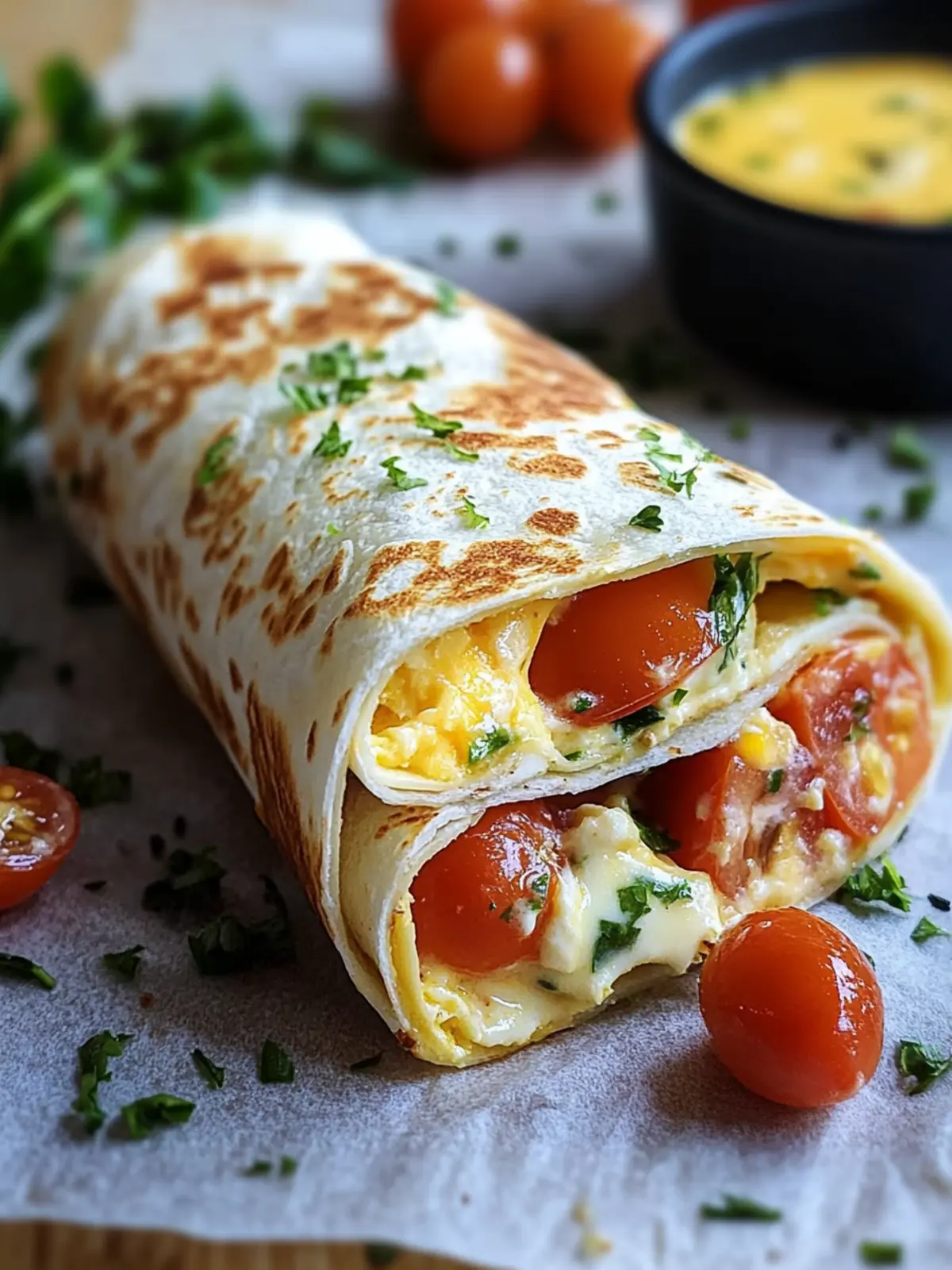 Schneller Frühstückswrap mit Ei, Käse und frischen Tomaten 4 Frühstückswrap mit Ei, Käse und Tomaten