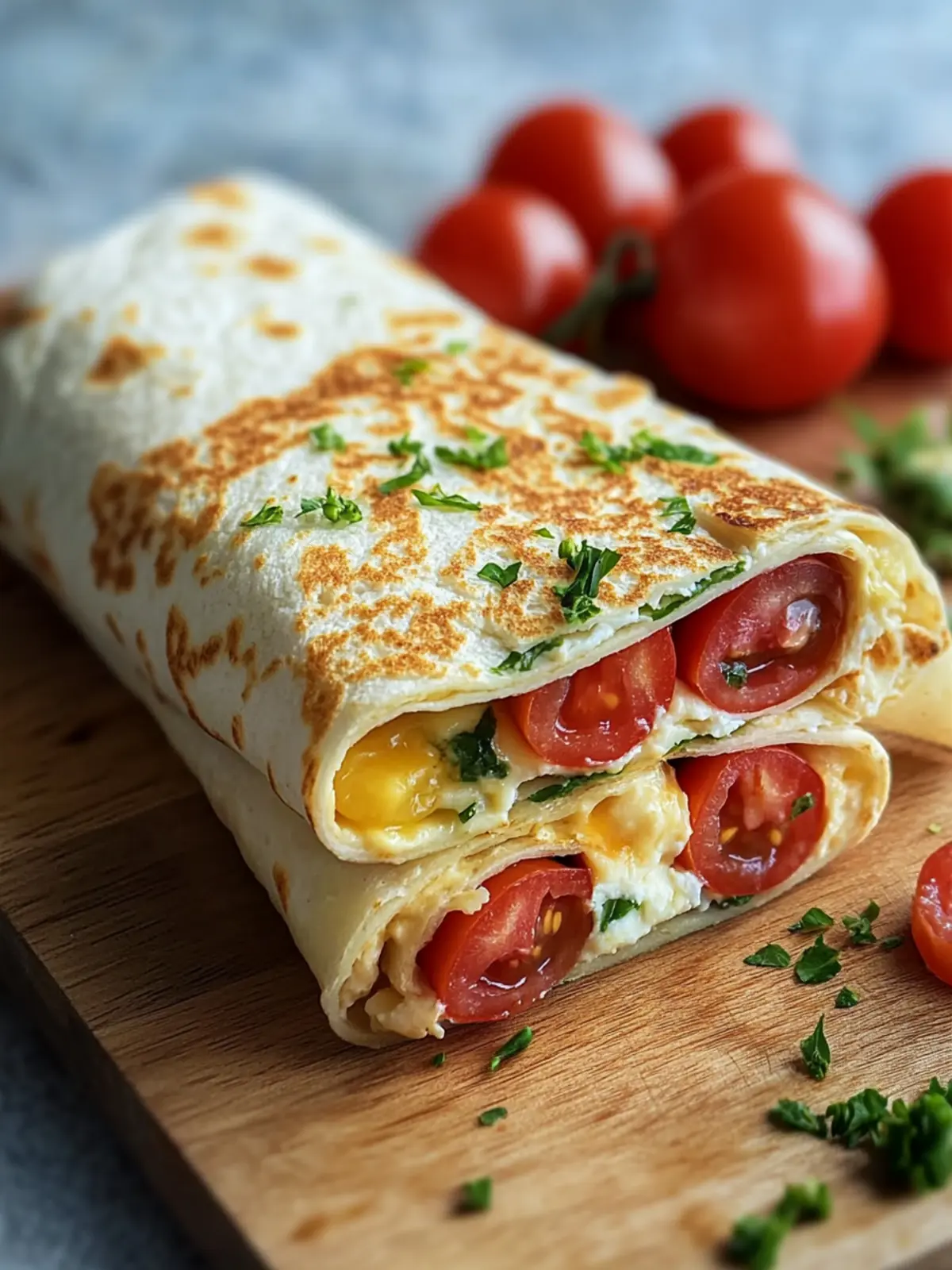 Schneller Frühstückswrap mit Ei, Käse und frischen Tomaten 2 Frühstückswrap mit Ei, Käse und Tomaten