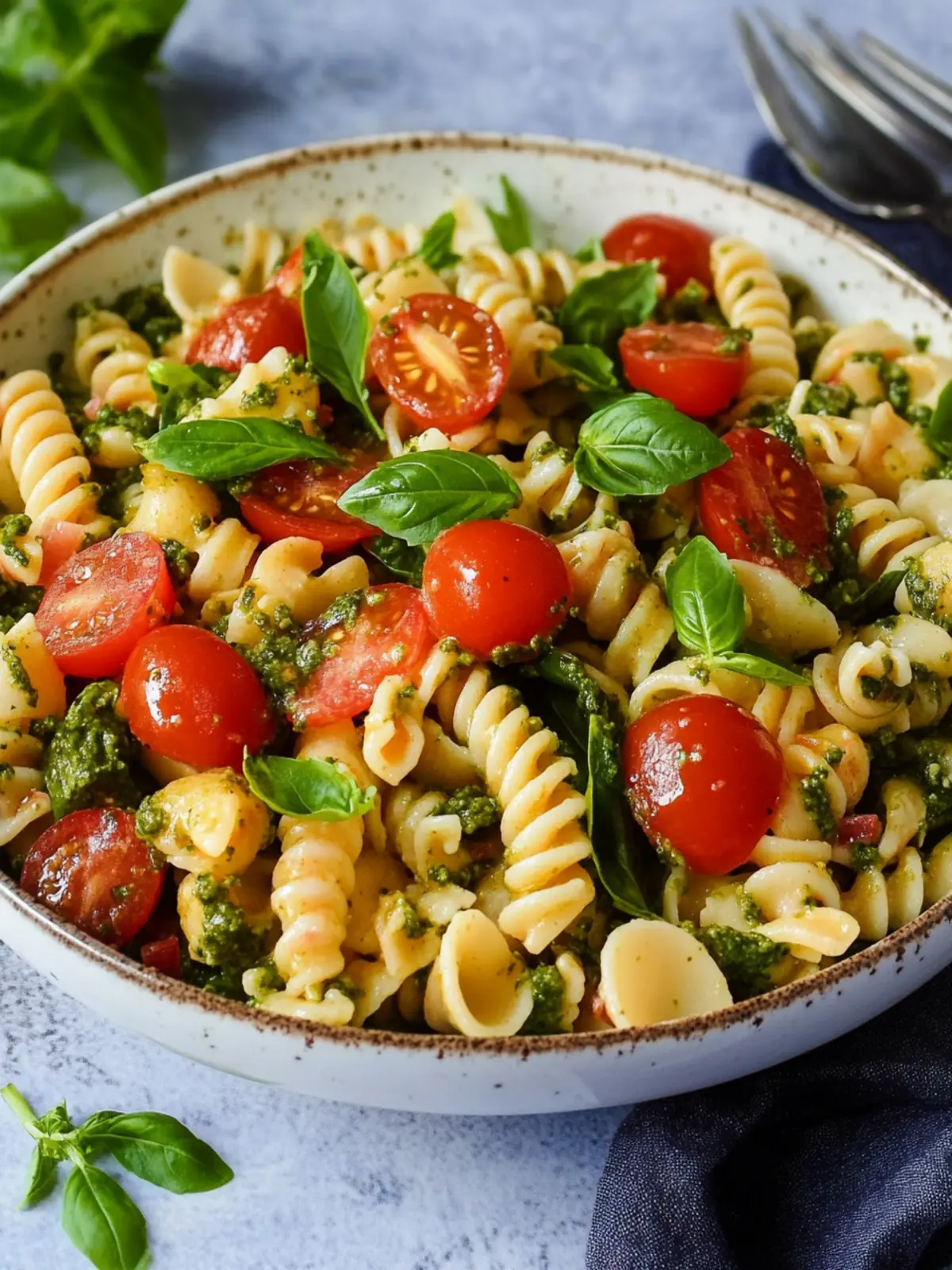 Mediterraner Nudelsalat mit Pesto