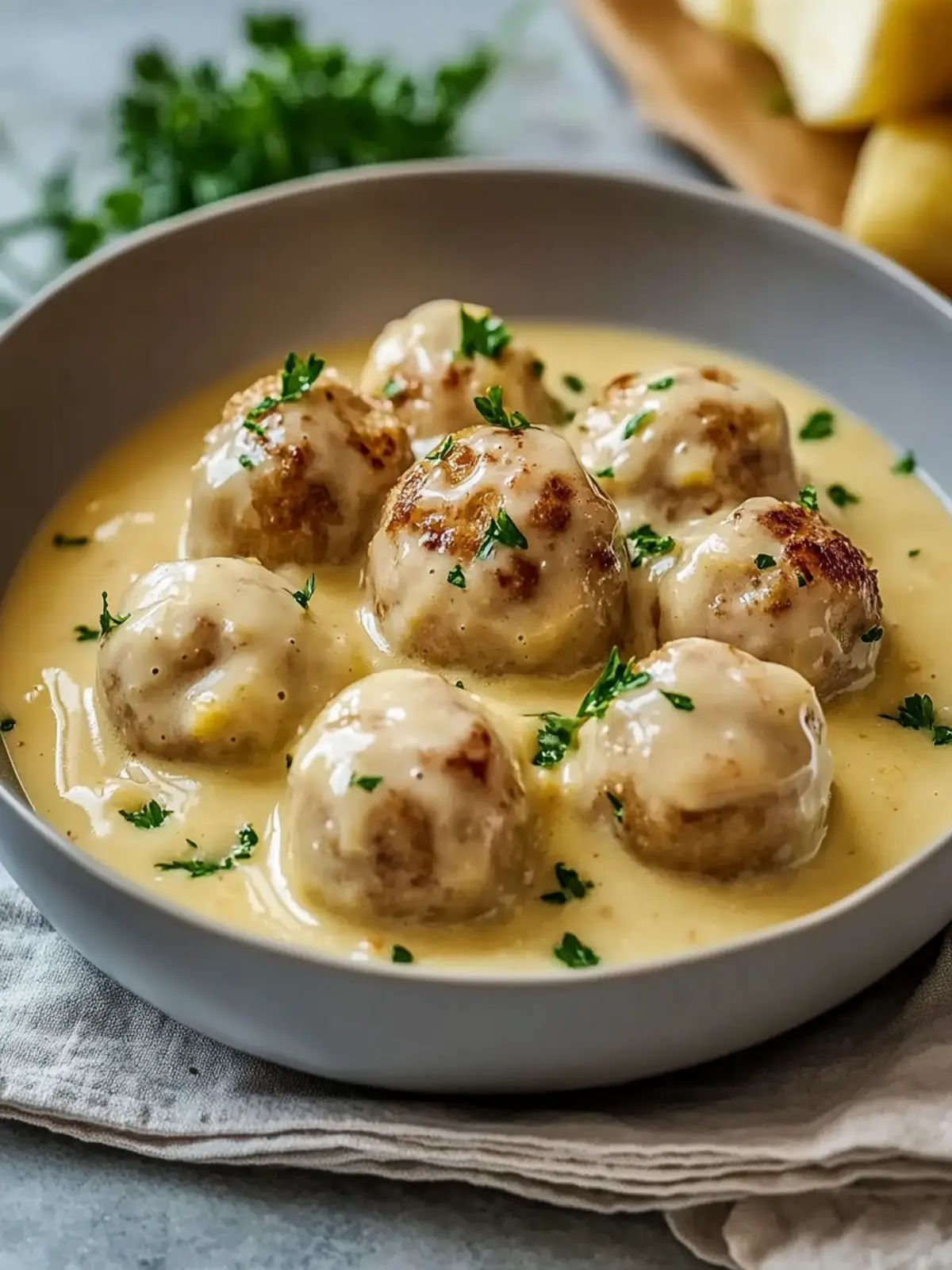 Hackbällchen in cremiger Sauce mit Kartoffelpüree: Ein Genuss fürs Herz 2 Hackbällchen in cremiger Sauce mit Kartoffelpüree