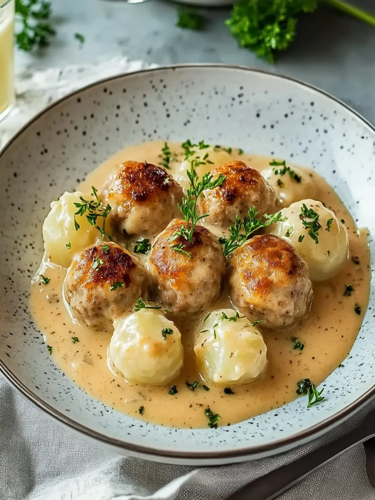 Hackbällchen in cremiger Sauce mit Kartoffelpüree: Ein Genuss fürs Herz 5 Hackbällchen in cremiger Sauce mit Kartoffelpüree