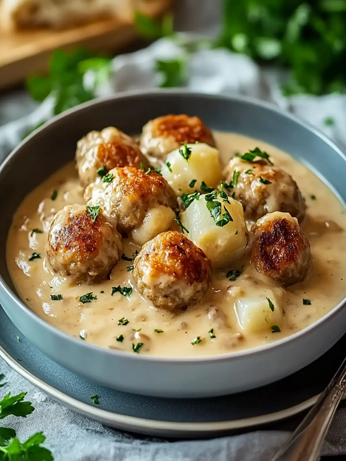 Hackbällchen in cremiger Sauce mit Kartoffelpüree: Ein Genuss fürs Herz 4 Hackbällchen in cremiger Sauce mit Kartoffelpüree