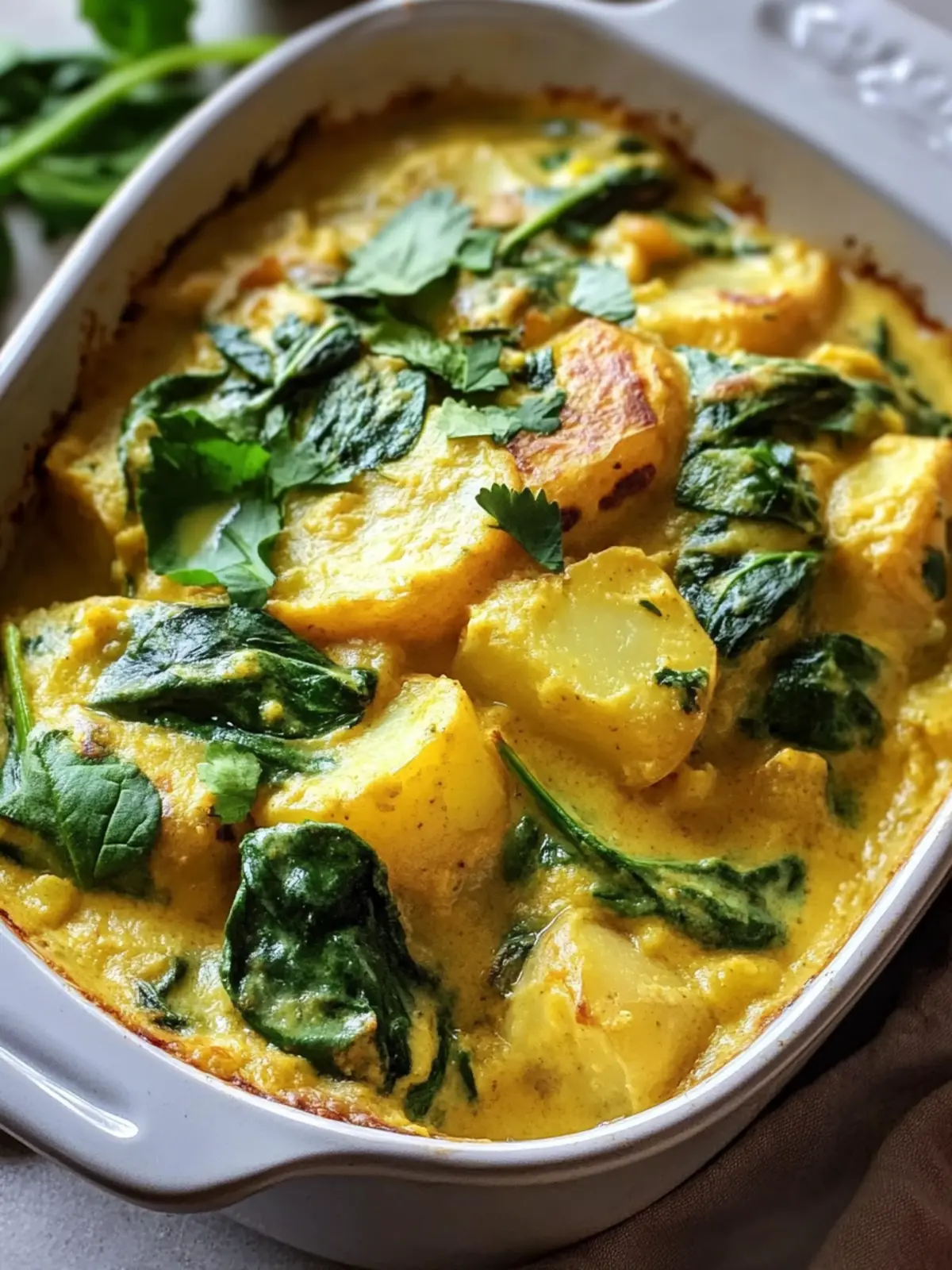 Cremige vegane Kartoffel-Spinat-Kokos-Curry-Auflauffreude 5 Creamy vegan potato spinach coconut curry casserole