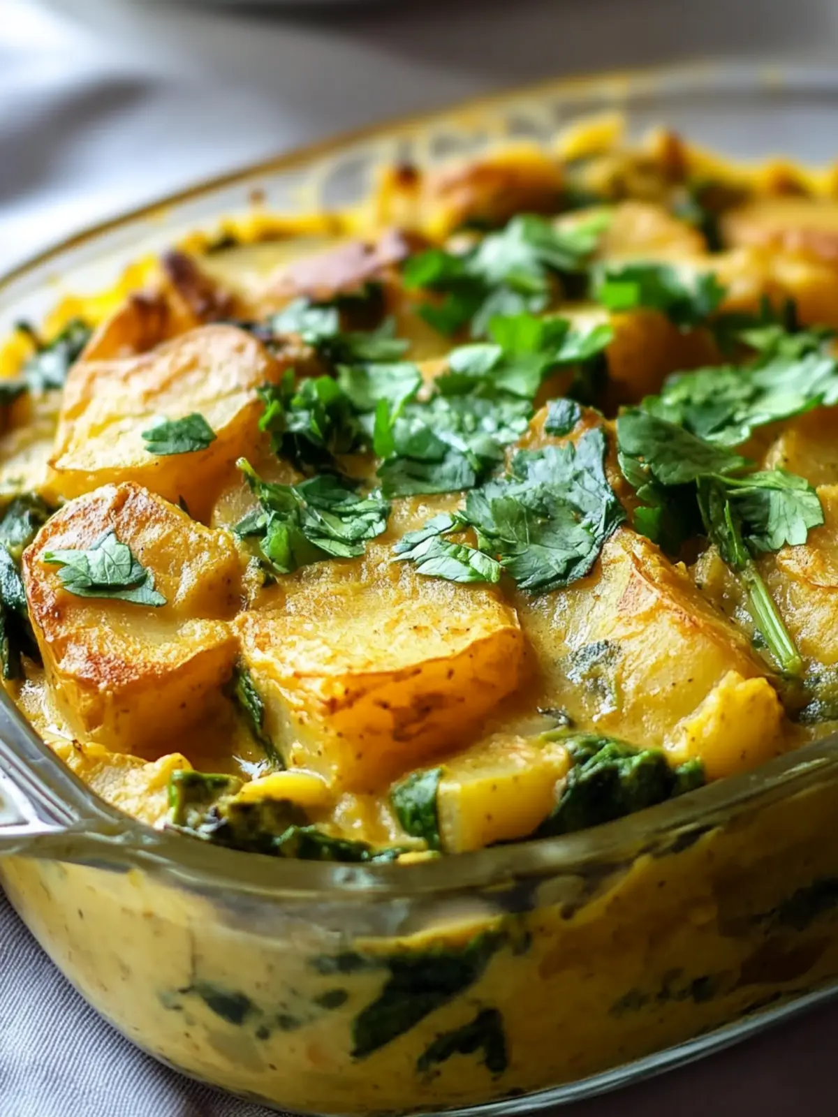 Cremige vegane Kartoffel-Spinat-Kokos-Curry-Auflauffreude 3 Creamy vegan potato spinach coconut curry casserole