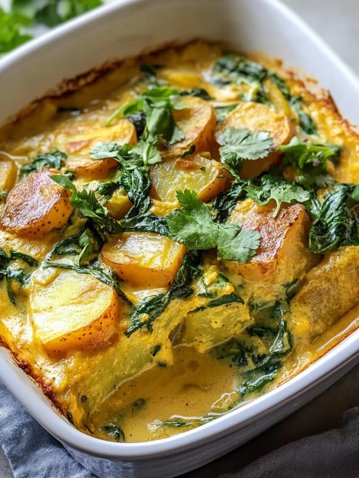 Cremige vegane Kartoffel-Spinat-Kokos-Curry-Auflauffreude 2 Creamy vegan potato spinach coconut curry casserole