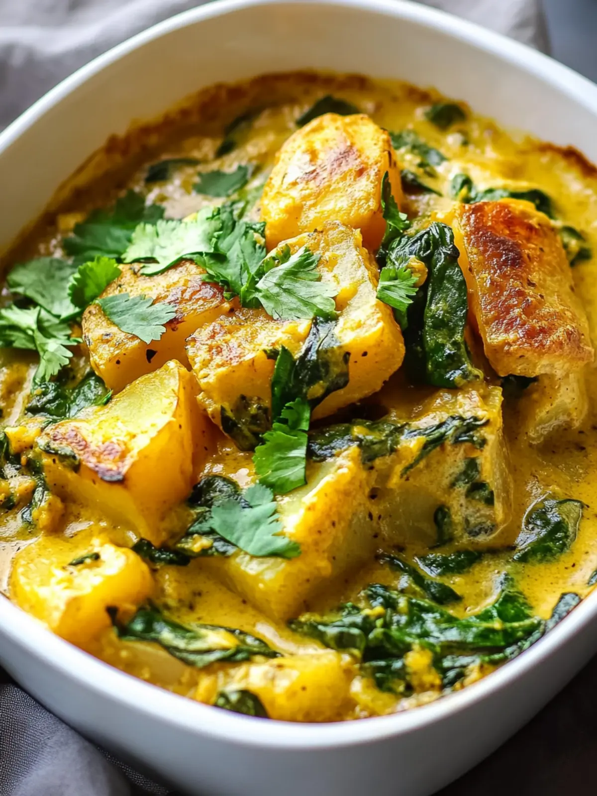 Cremige vegane Kartoffel-Spinat-Kokos-Curry-Auflauffreude 4 Creamy vegan potato spinach coconut curry casserole